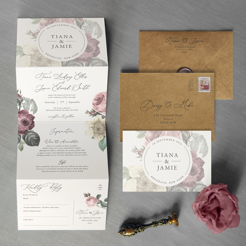 Floral Rose Map Fold Day or Evening Personalised Wedding Invitations with RSVP 