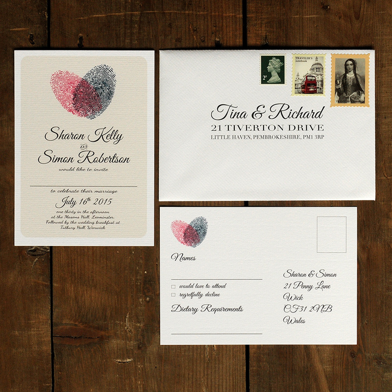 Personalised Fingerprint Heart Wedding Invitation Pink 30 50 100 renewal 